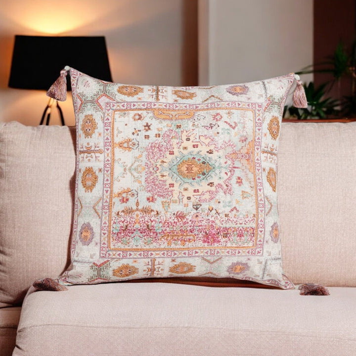 Ikat Illusion Chanderi Embroidered Cushion Cover (16 inch x 16 inch) - KHAABKA