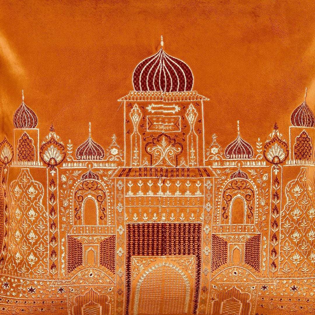 Inayat Mahal Orange Velvet Embroidered Cushion Cover (16 inch x 16 inch) - KHAABKA