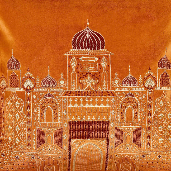 Inayat Mahal Orange Velvet Embroidered Cushion Cover (16 inch x 16 inch) - KHAABKA