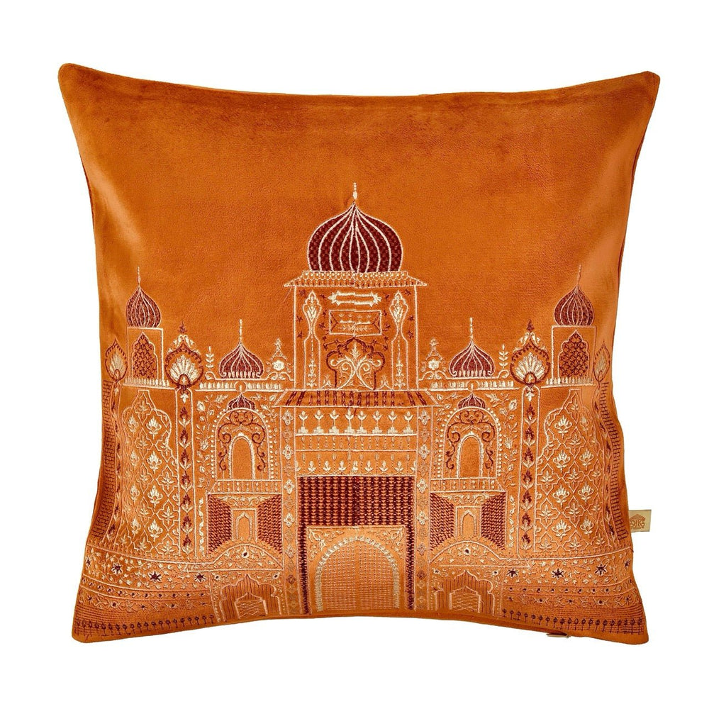 Inayat Mahal Orange Velvet Embroidered Cushion Cover (16 inch x 16 inch) - KHAABKA
