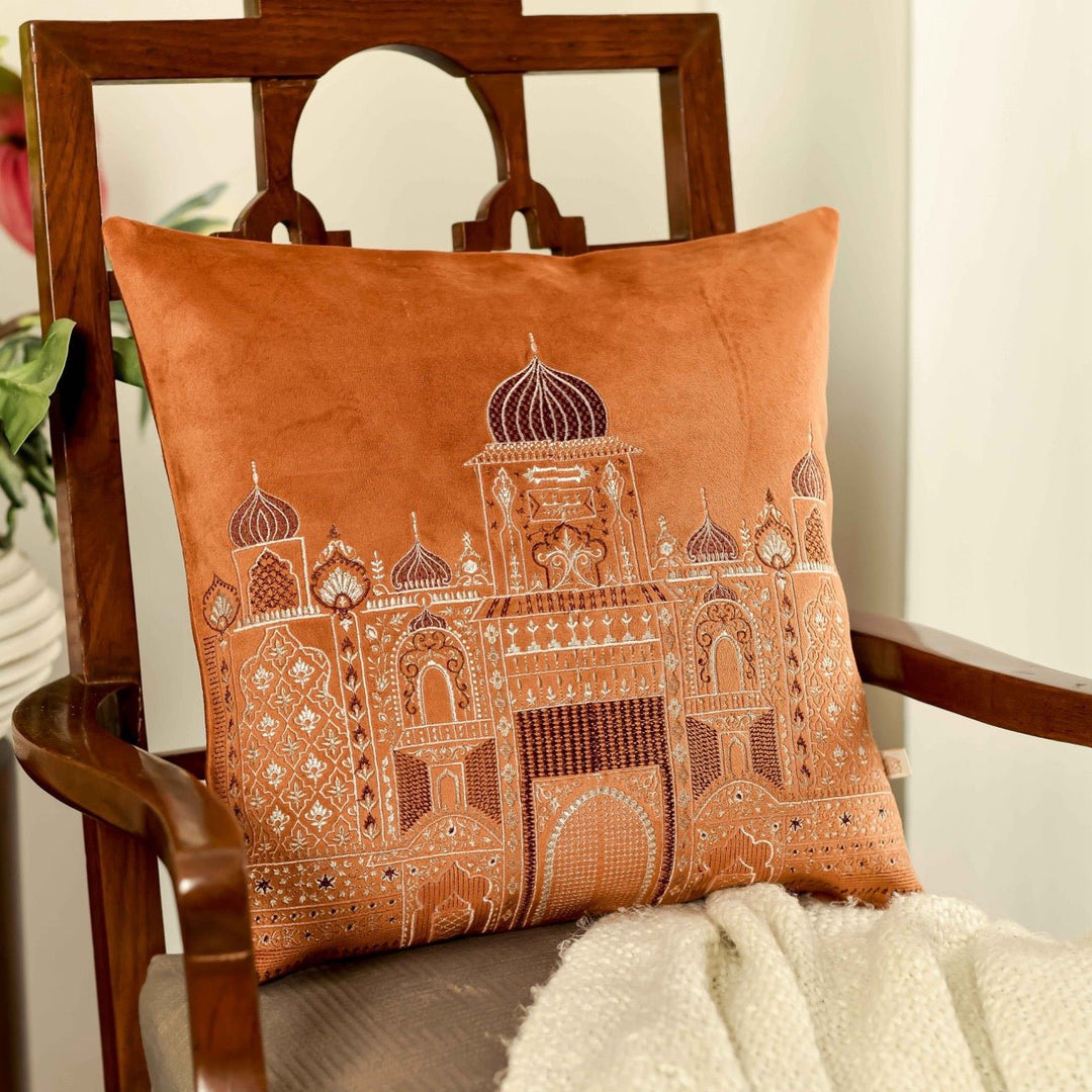 Inayat Mahal Orange Velvet Embroidered Cushion Cover (16 inch x 16 inch) - KHAABKA