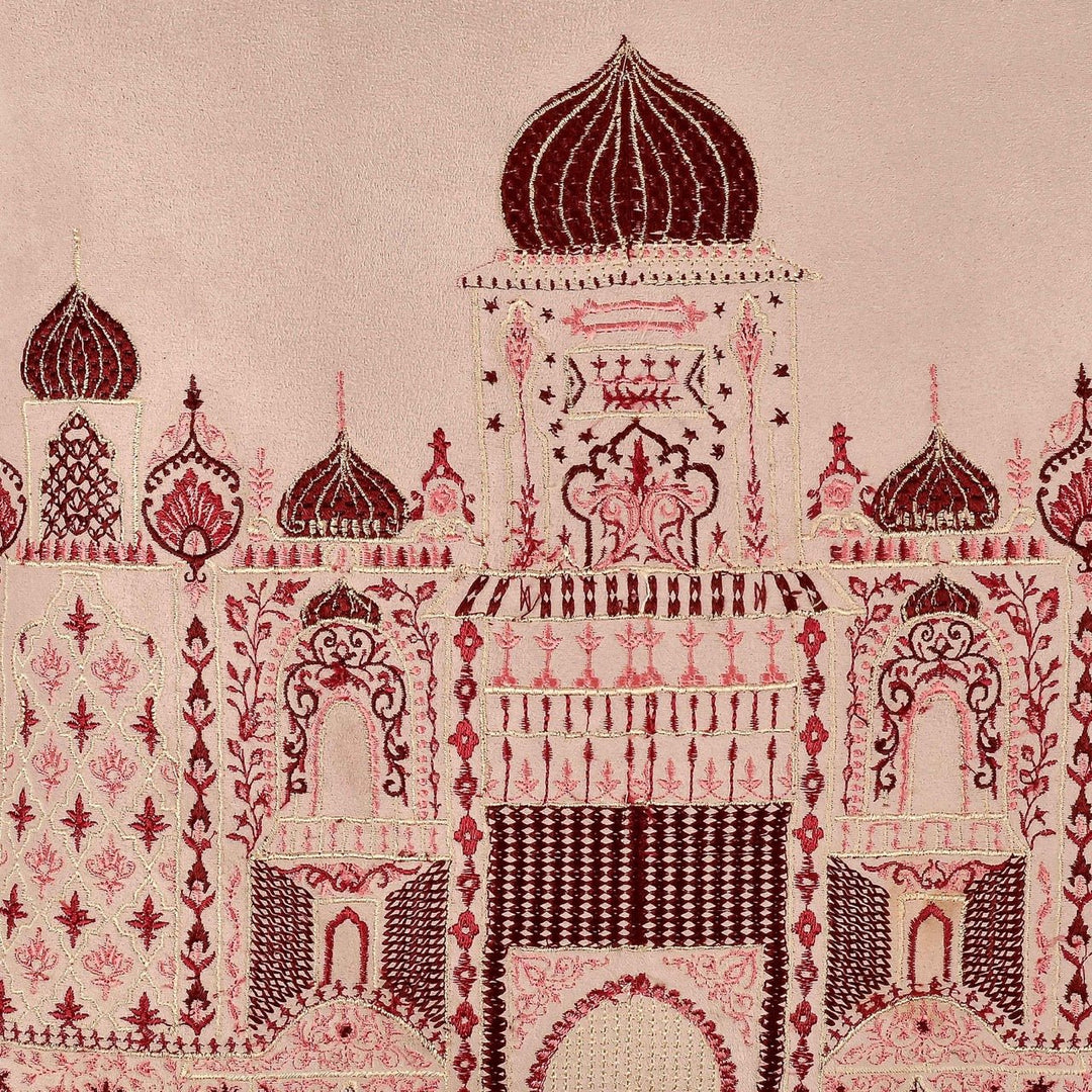 Inayat Mahal Pink Velvet Embroidered Cushion Cover (16 inch x 16 inch) - KHAABKA