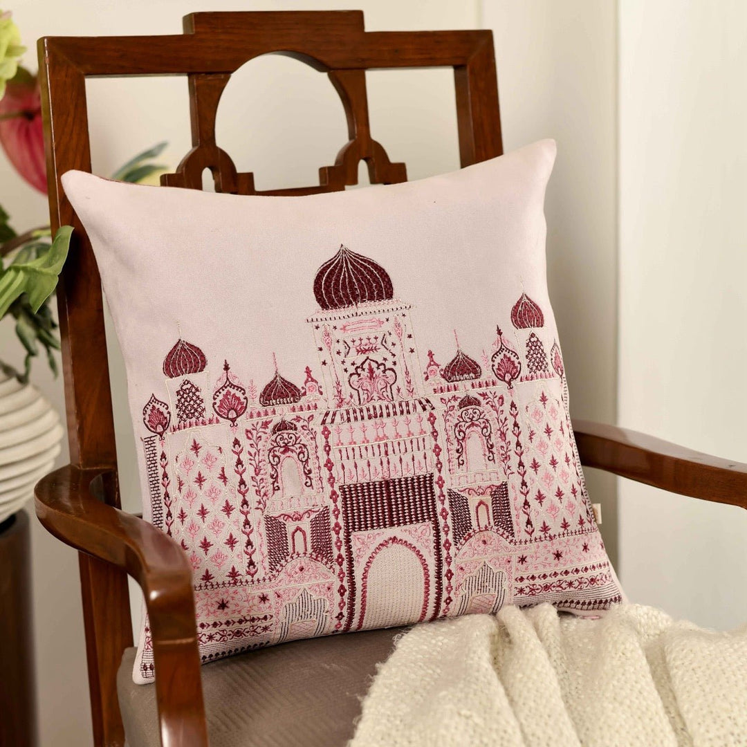Inayat Mahal Pink Velvet Embroidered Cushion Cover (16 inch x 16 inch) - KHAABKA