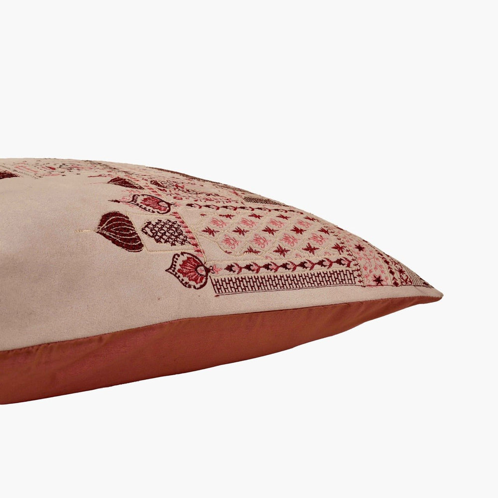 Inayat Mahal Pink Velvet Embroidered Cushion Cover (16 inch x 16 inch) - KHAABKA