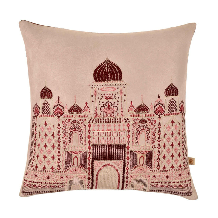Inayat Mahal Pink Velvet Embroidered Cushion Cover (16 inch x 16 inch) - KHAABKA