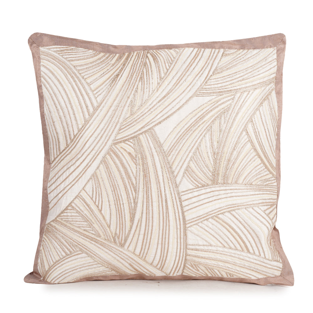 Ivory Solace Raw Silk Embroidered Cushion Cover (16 inch x 16 inch) - KHAABKA