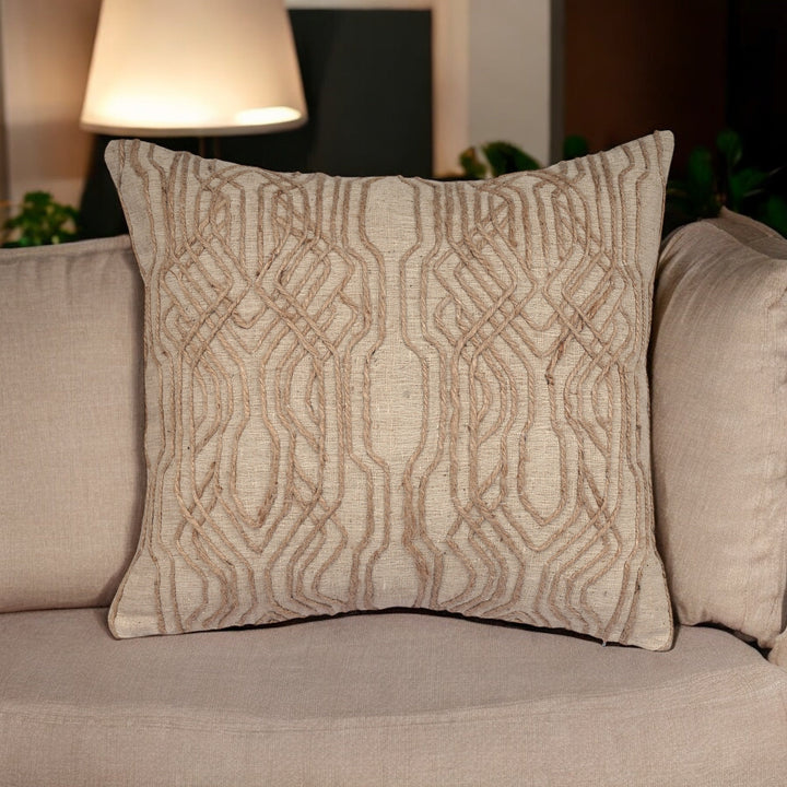 Meadow Jute Linen Embroidered Cushion Cover (16 inch x 16 inch) - KHAABKA