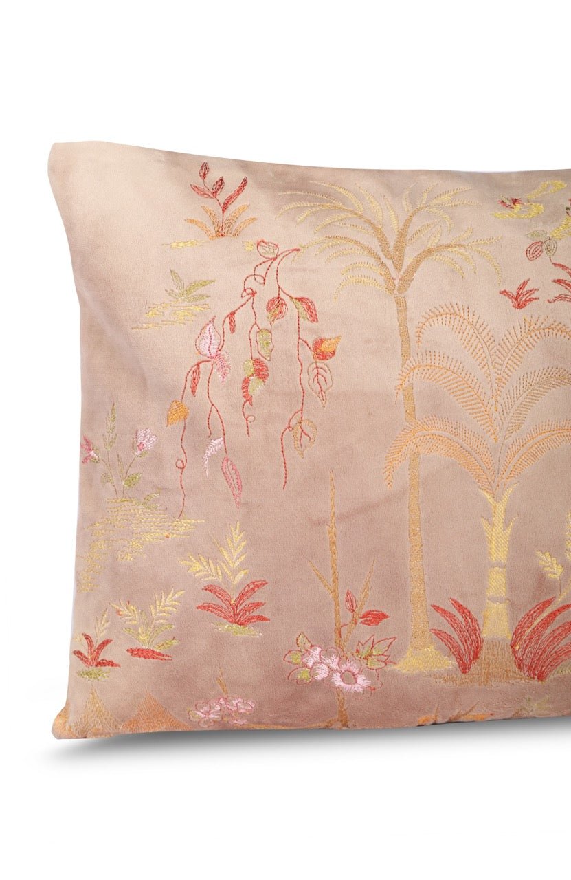Meher Flora and Fauna Velvet Embroidered Cushion Cover (12 inch X 18 inch) - KHAABKA