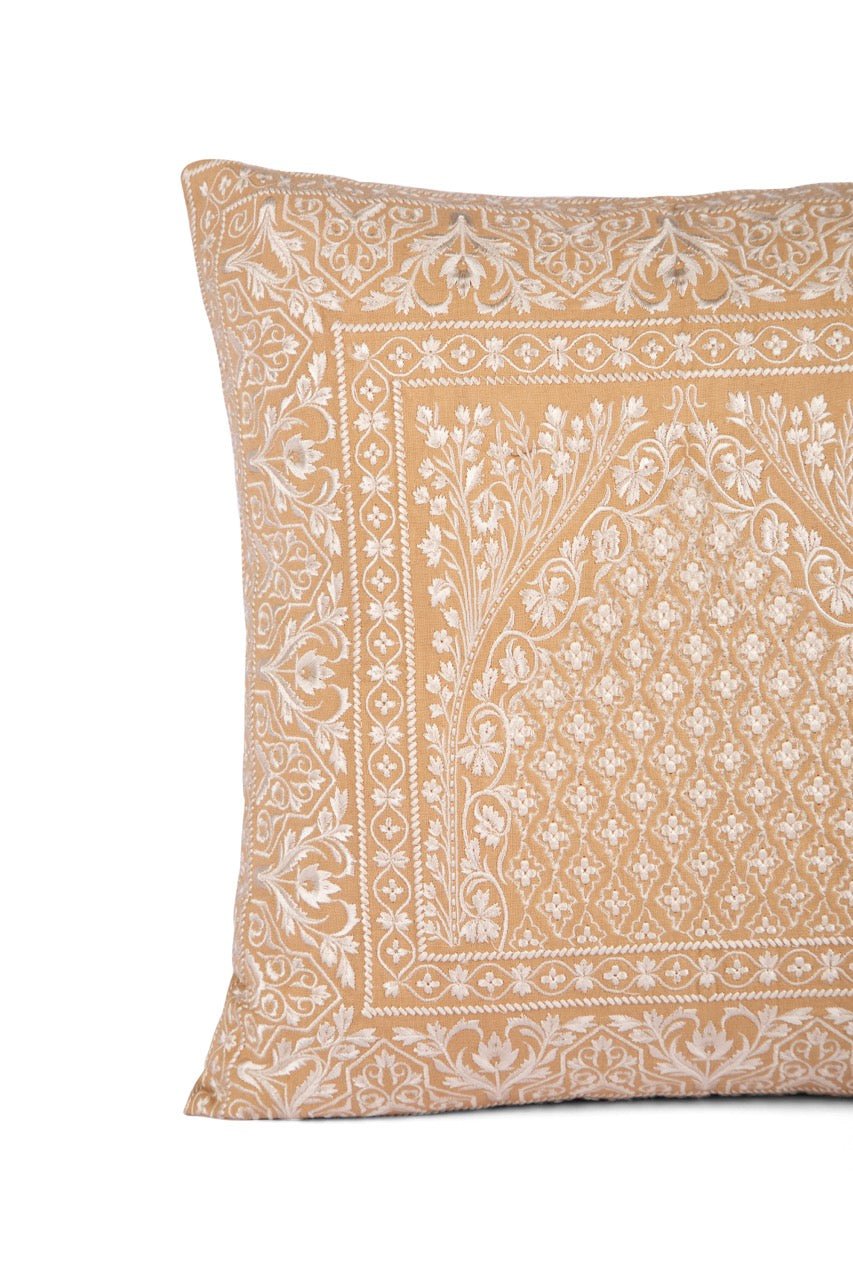 Meher Mehrab Cotton Linen Embroidered Cushion Cover (16 inch x 16 inch) - KHAABKA