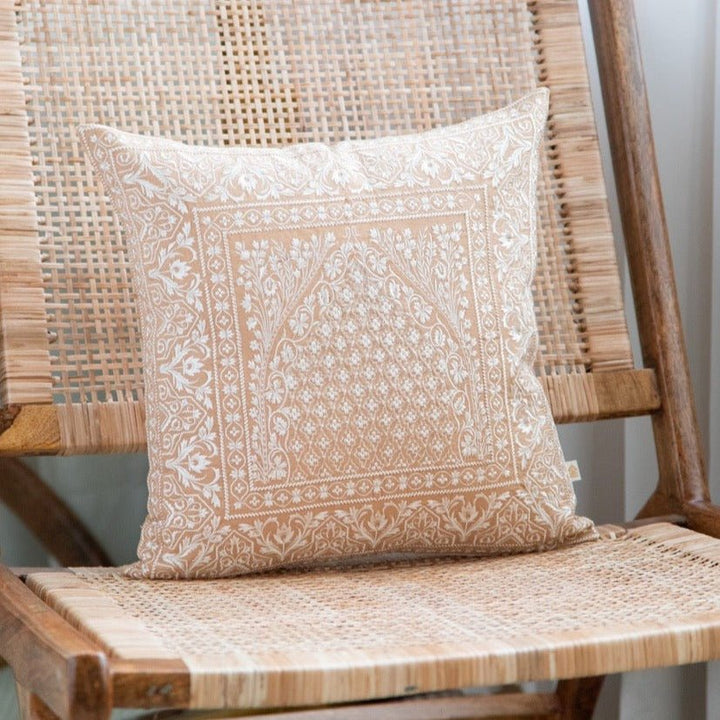 Meher Mehrab Cotton Linen Embroidered Cushion Cover (16 inch x 16 inch) - KHAABKA
