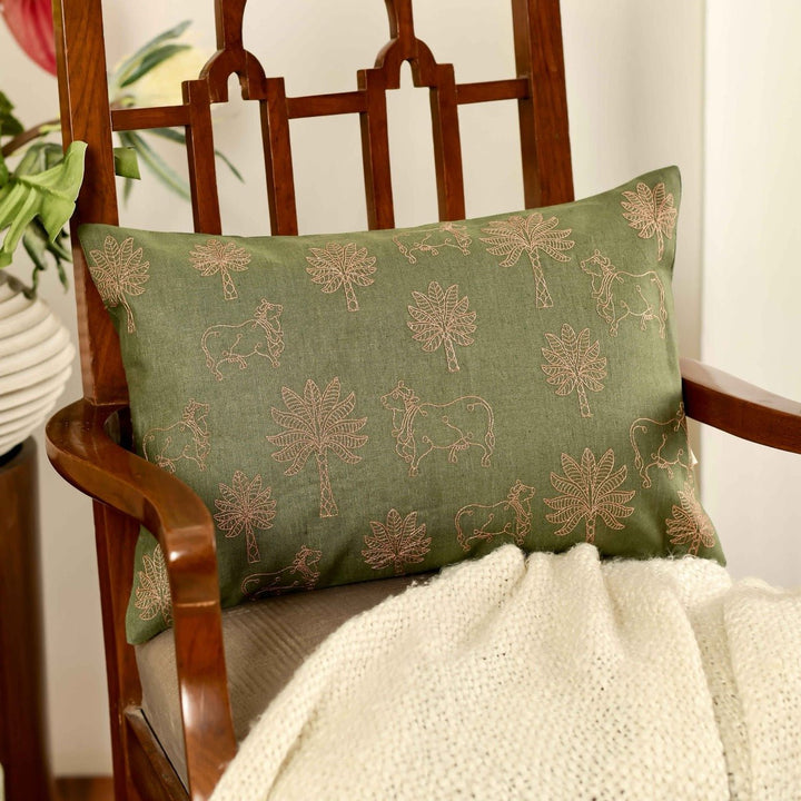 Nazakat Embroidered Olive Green Cushion Cover (12 inch x 18 inches) - KHAABKA