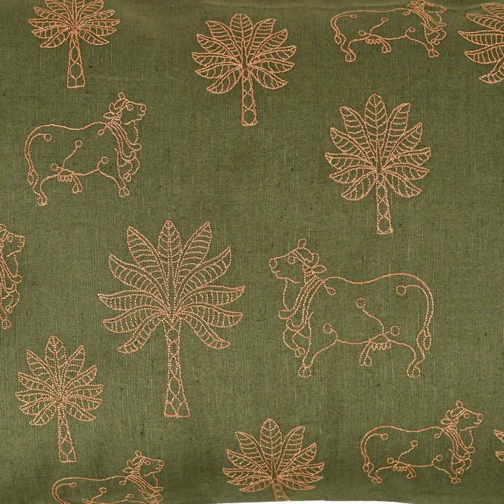 Nazakat Embroidered Olive Green Cushion Cover (12 inch x 18 inches) - KHAABKA
