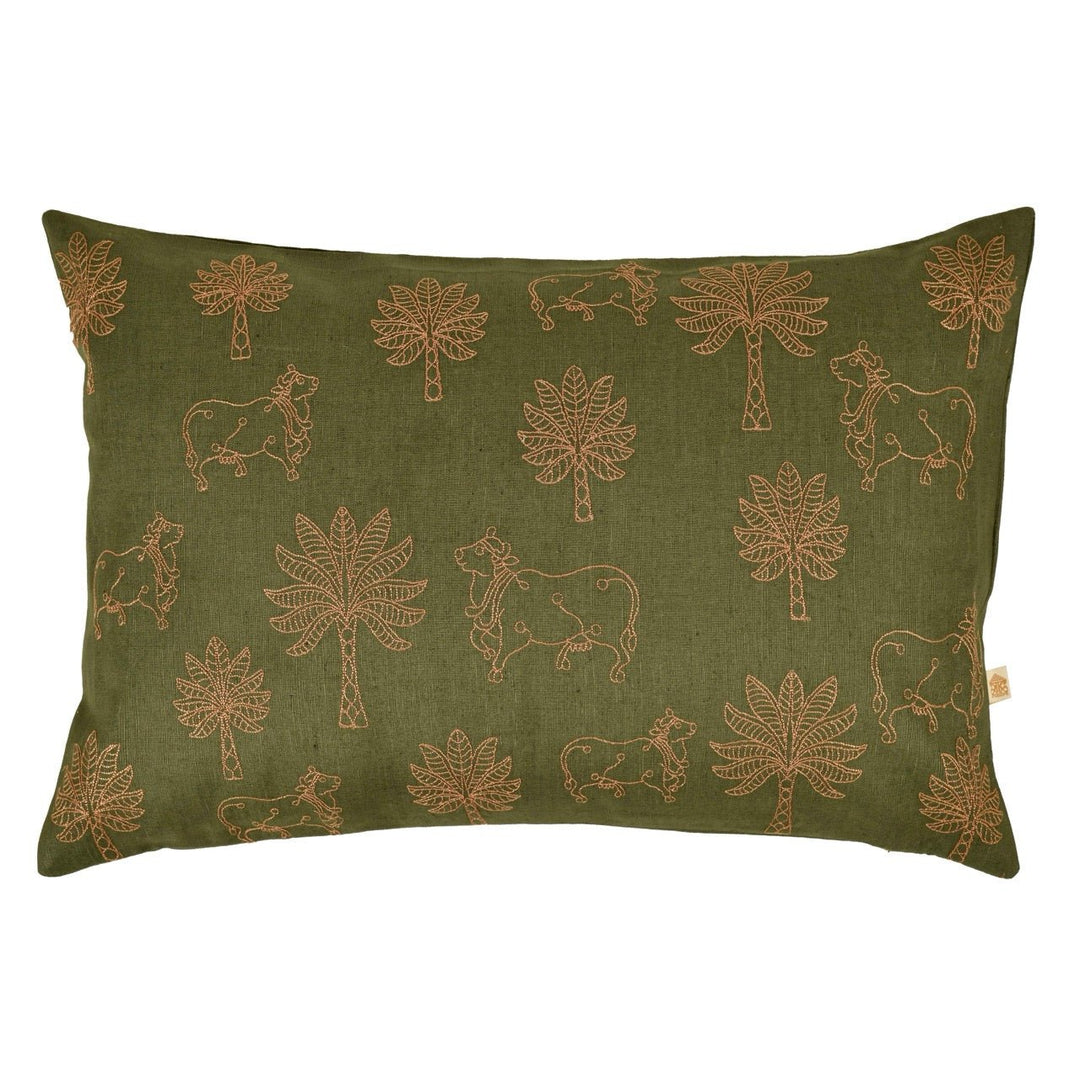 Nazakat Embroidered Olive Green Cushion Cover (12 inch x 18 inches) - KHAABKA