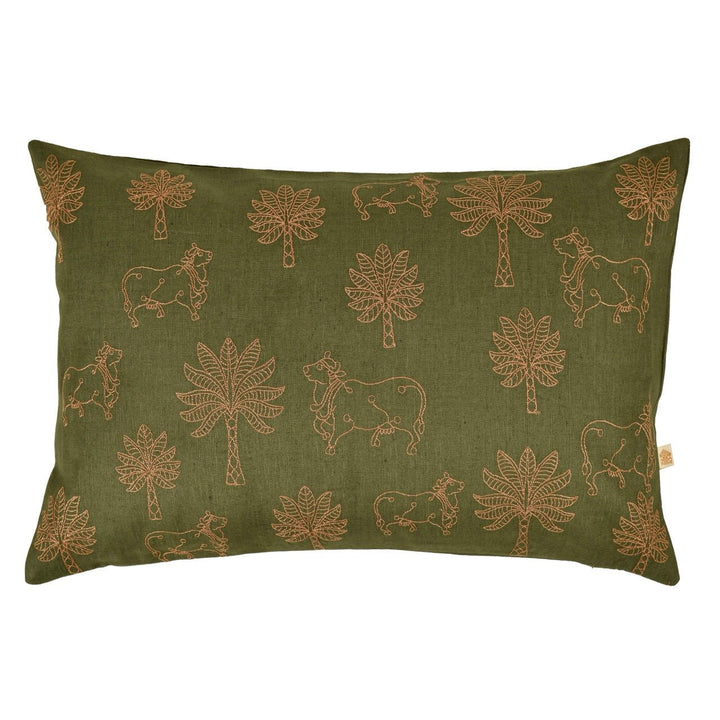 Nazakat Embroidered Olive Green Cushion Cover (12 inch x 18 inches) - KHAABKA