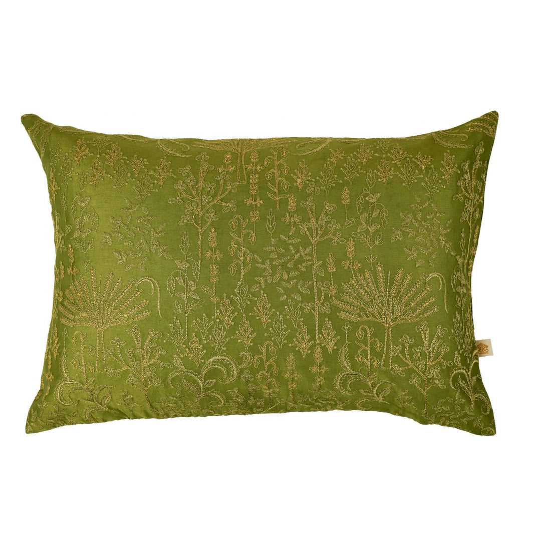 Nazakat Green Silk Embroidered Cushion Cover (12 inch x 18 inch) - KHAABKA