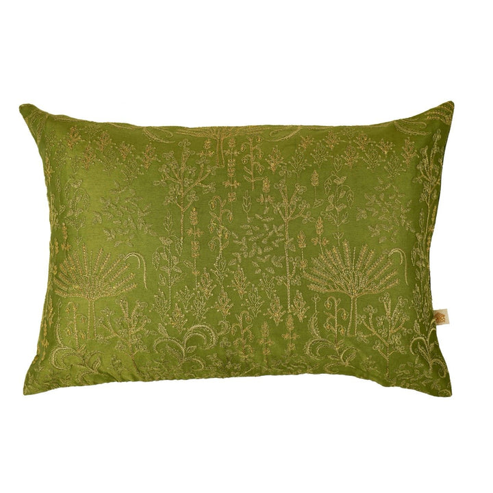 Nazakat Green Silk Embroidered Cushion Cover (12 inch x 18 inch) - KHAABKA