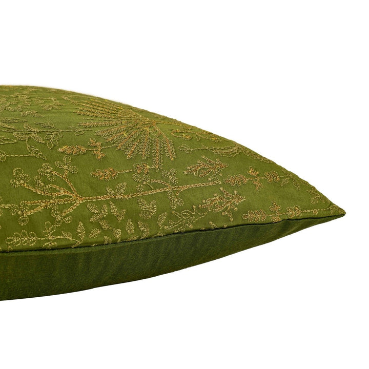 Nazakat Green Silk Embroidered Cushion Cover (12 inch x 18 inch) - KHAABKA