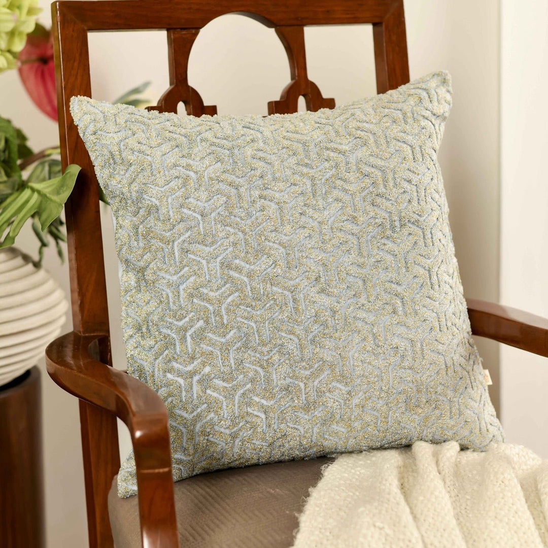 Nazakat Sky Blue Towel Embroidered Cushion Cover (16 inch x 16 inch) - KHAABKA
