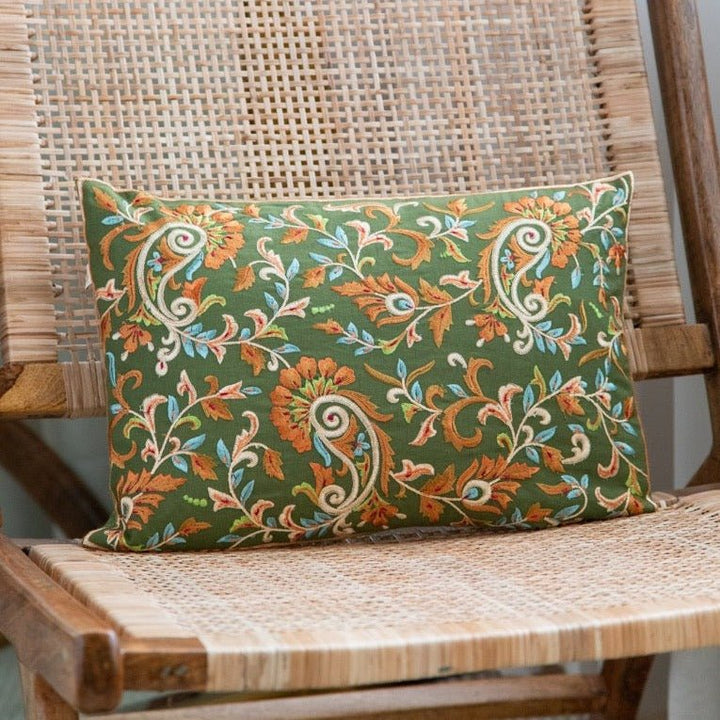 Shaakh Floral Paisley Silk Embroidered Cushion Cover (12 inch x 18 inch) - KHAABKA