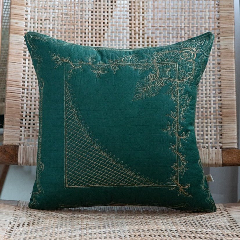 Shaakh Geometric Zari Silk Embroidered Cushion Cover (16 inch x 16 inch) - KHAABKA