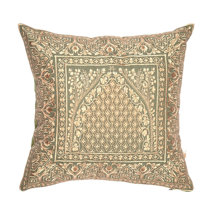 Shaakh Mehrab Cotton Linen Embroidered Cushion Cover (16 inch x 16 inch) - KHAABKA