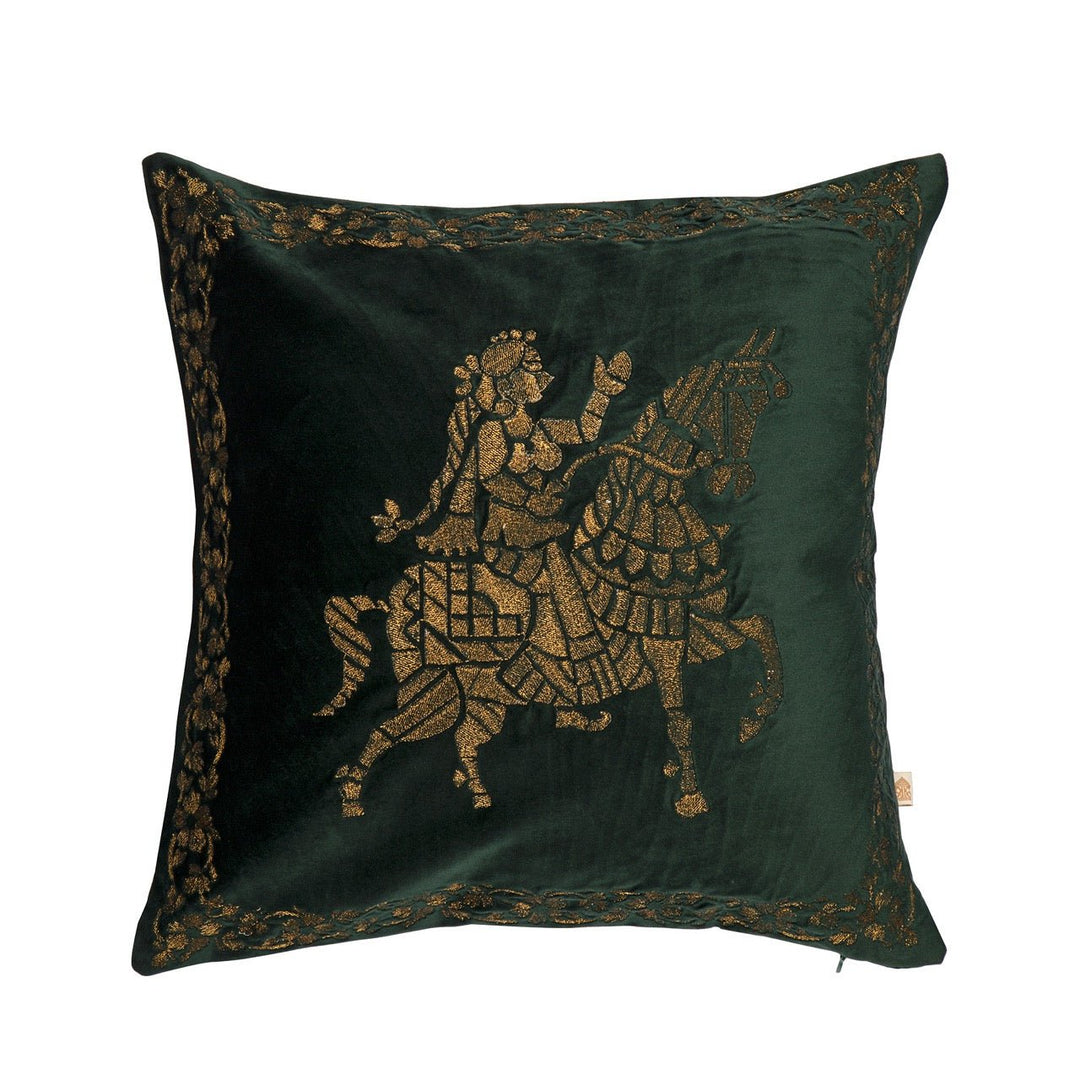 Shaakh Rajwada Zari Velvet Embroidered Cushion Cover (16 inch x 16 inch) - KHAABKA