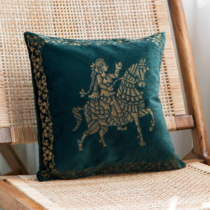 Shaakh Rajwada Zari Velvet Embroidered Cushion Cover (16 inch x 16 inch) - KHAABKA