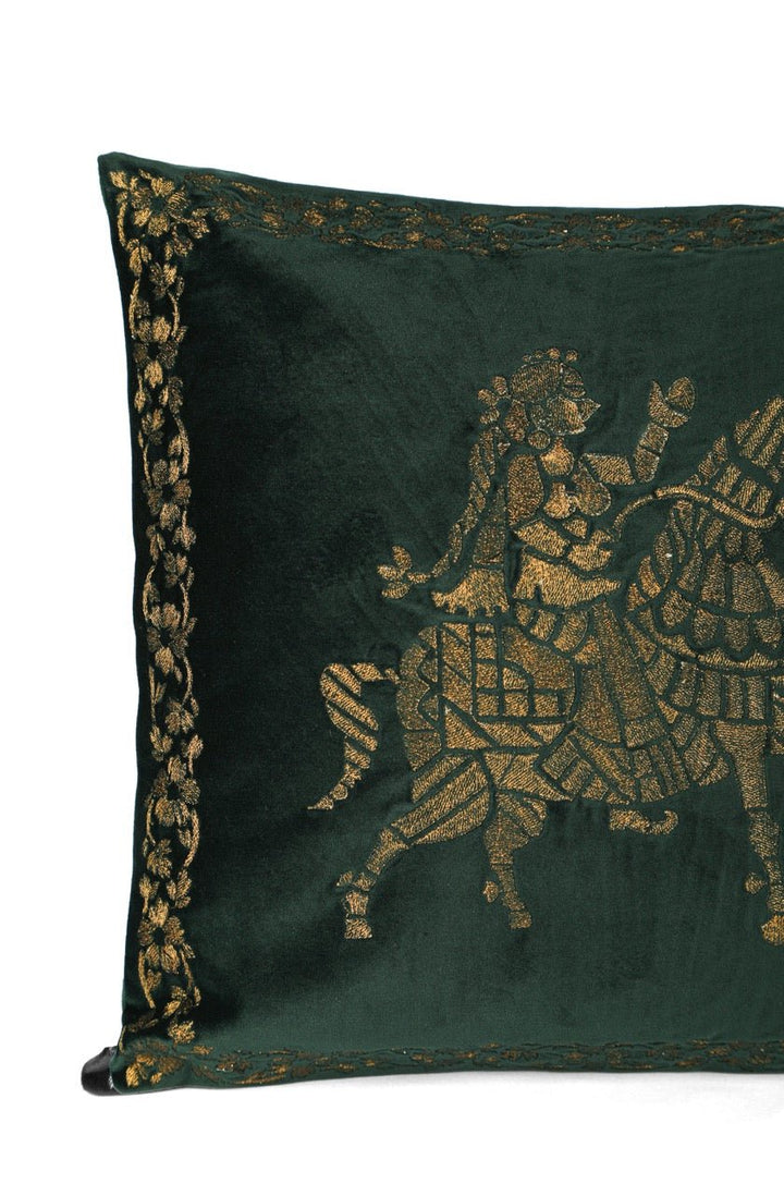 Shaakh Rajwada Zari Velvet Embroidered Cushion Cover (16 inch x 16 inch) - KHAABKA