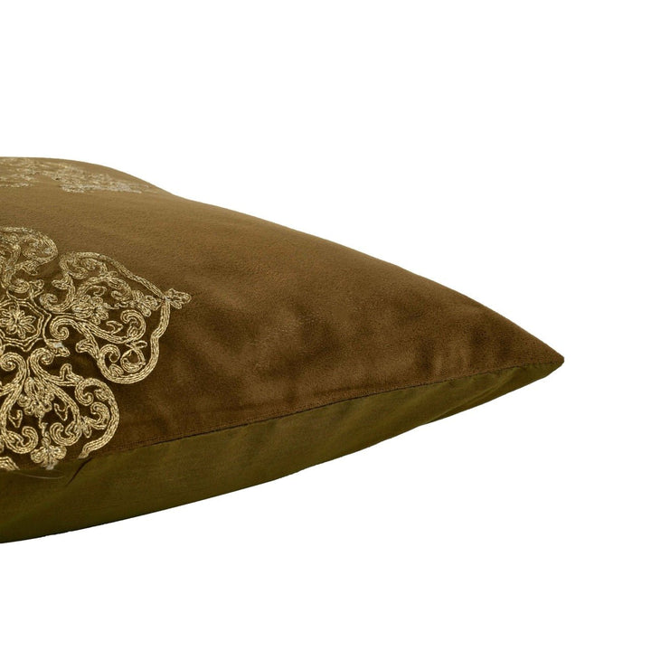 Utsav Brown Festive Velvet Embroidered Cushion Cover (16 inch x 16 inch) - KHAABKA