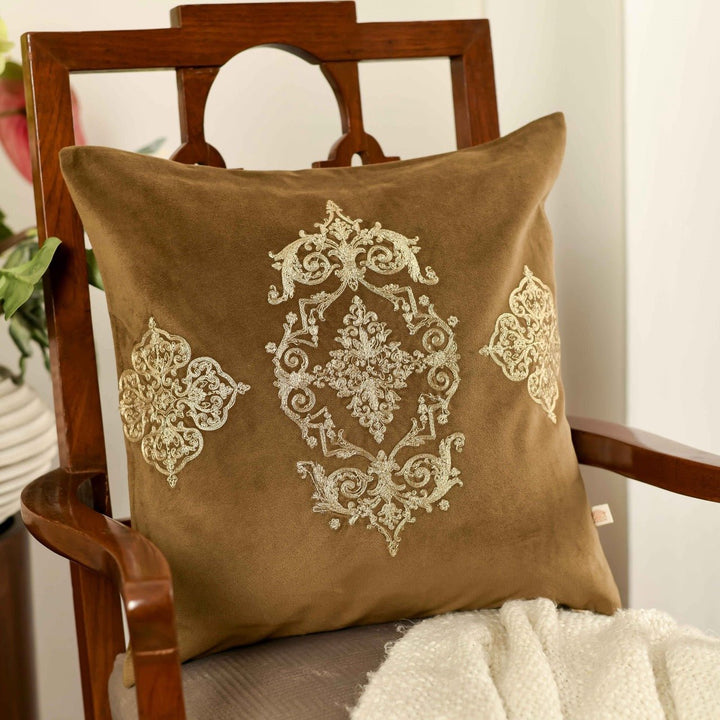 Utsav Brown Festive Velvet Embroidered Cushion Cover (16 inch x 16 inch) - KHAABKA