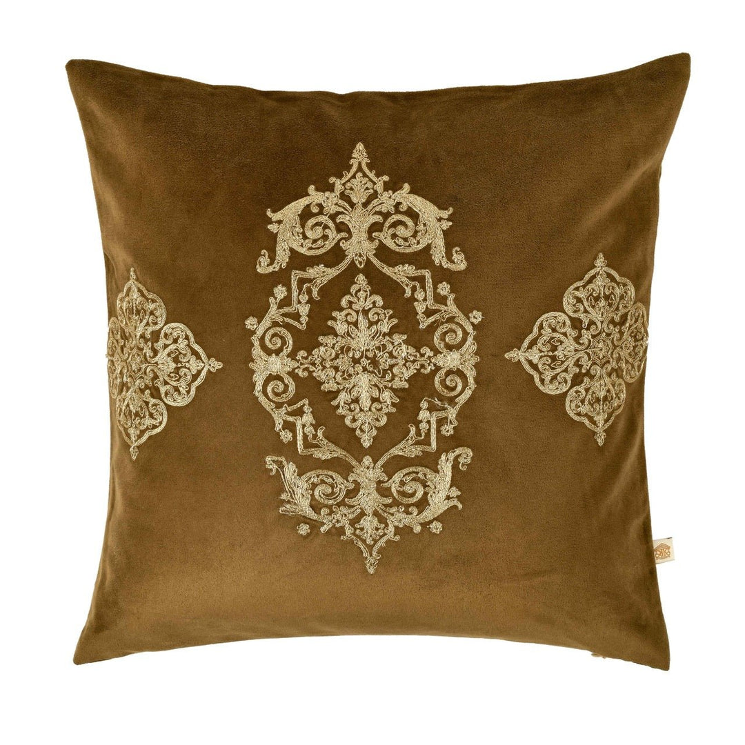 Utsav Brown Festive Velvet Embroidered Cushion Cover (16 inch x 16 inch) - KHAABKA