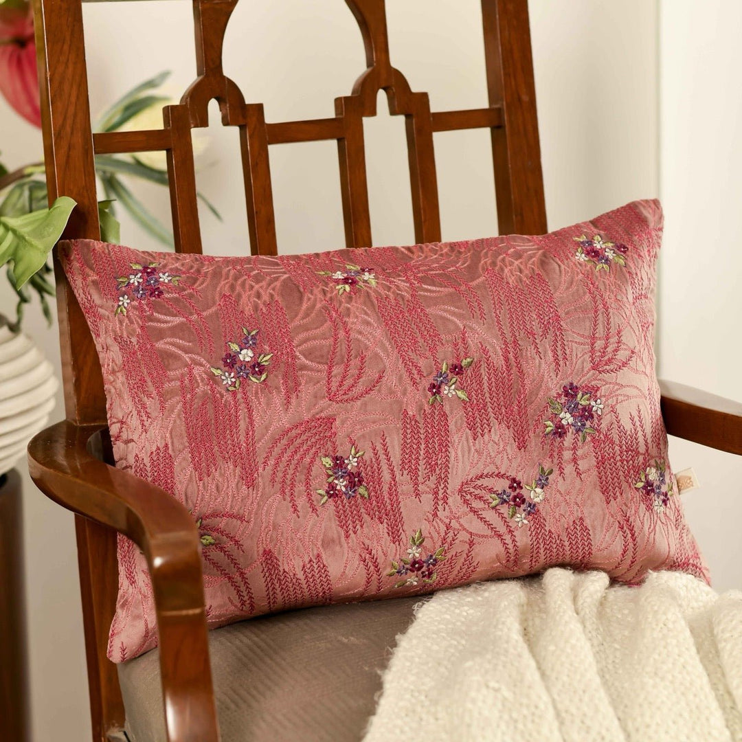 Utsav Wine Crimson Velvet Embroidered Cushion Cover (12 inch x 18 inch) - KHAABKA