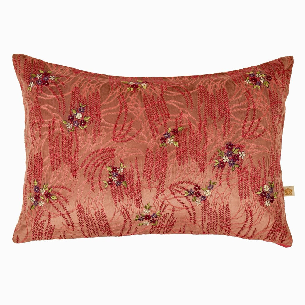 Utsav Wine Crimson Velvet Embroidered Cushion Cover (12 inch x 18 inch) - KHAABKA