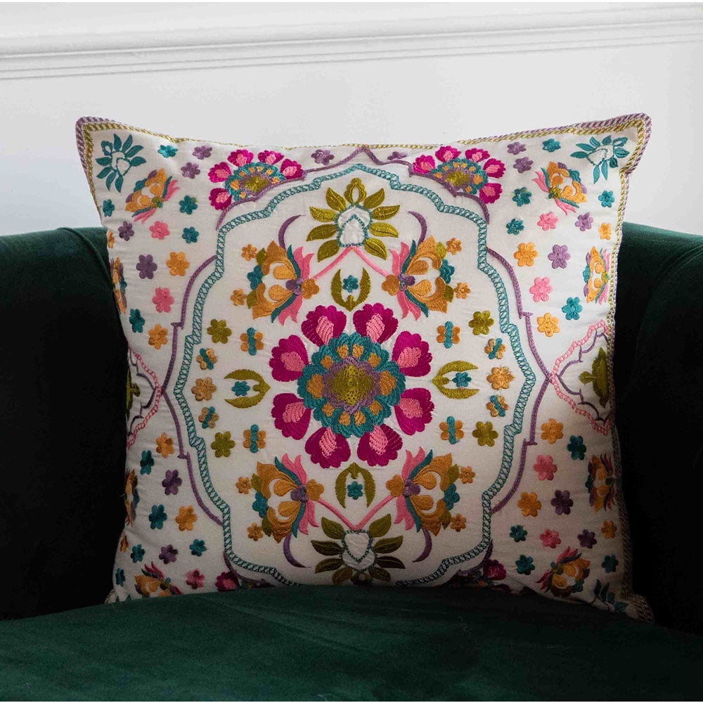 Guldasta Offwhite Floral Cotton Linen Cushion Cover - KHAABKA