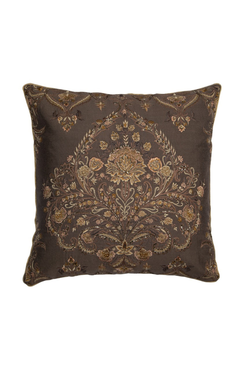 Tehzeeb Chocolate Brown Silk Hand Embroidered Cushion Cover - KHAABKA