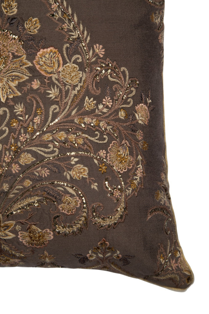 Tehzeeb Chocolate Brown Silk Hand Embroidered Cushion Cover - KHAABKA