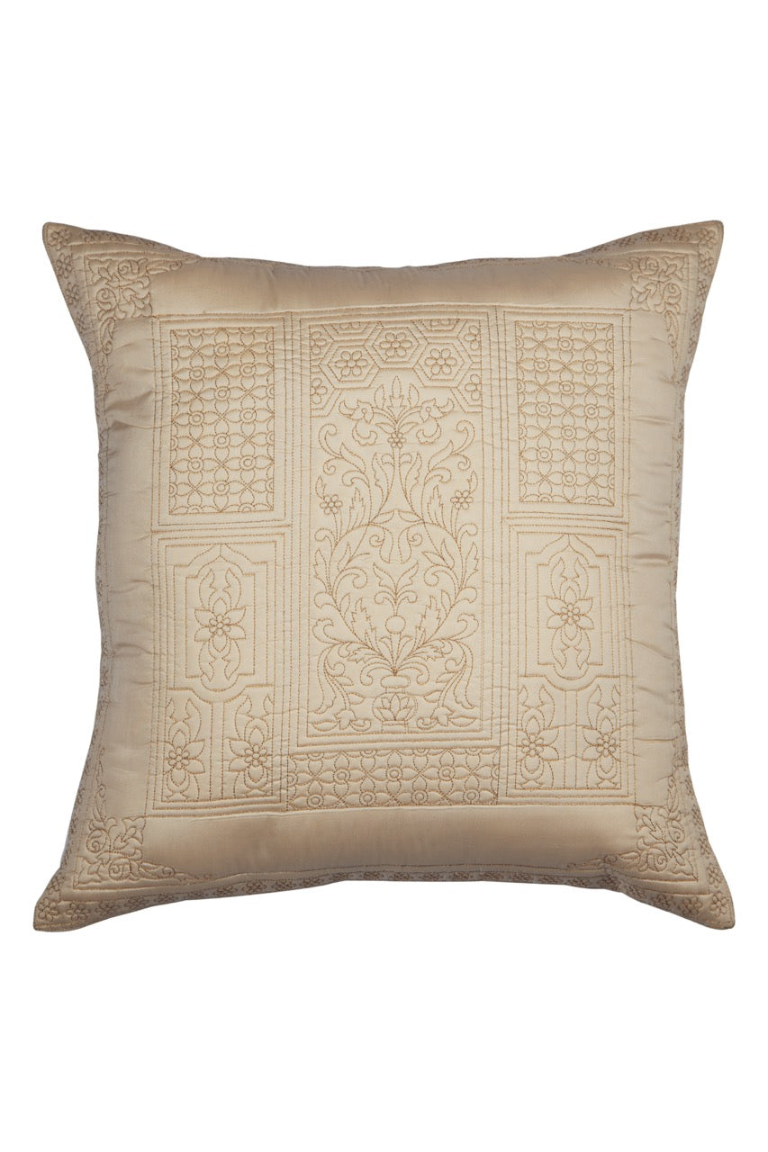 Dilkash Cream Satin Silk Quilted Embroidery Cushion Cover - KHAABKA