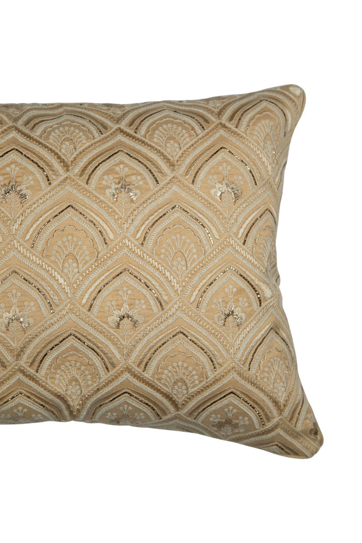 Banjara Gold Chanderi Silk Geometric Mosaic Embroidery Cushion Cover - KHAABKA