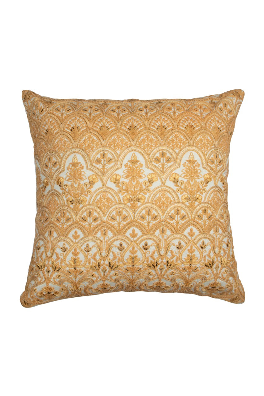 Tehzeeb Gold Blended Silk Mosaic Floral Embroidered Cushion Cover - KHAABKA