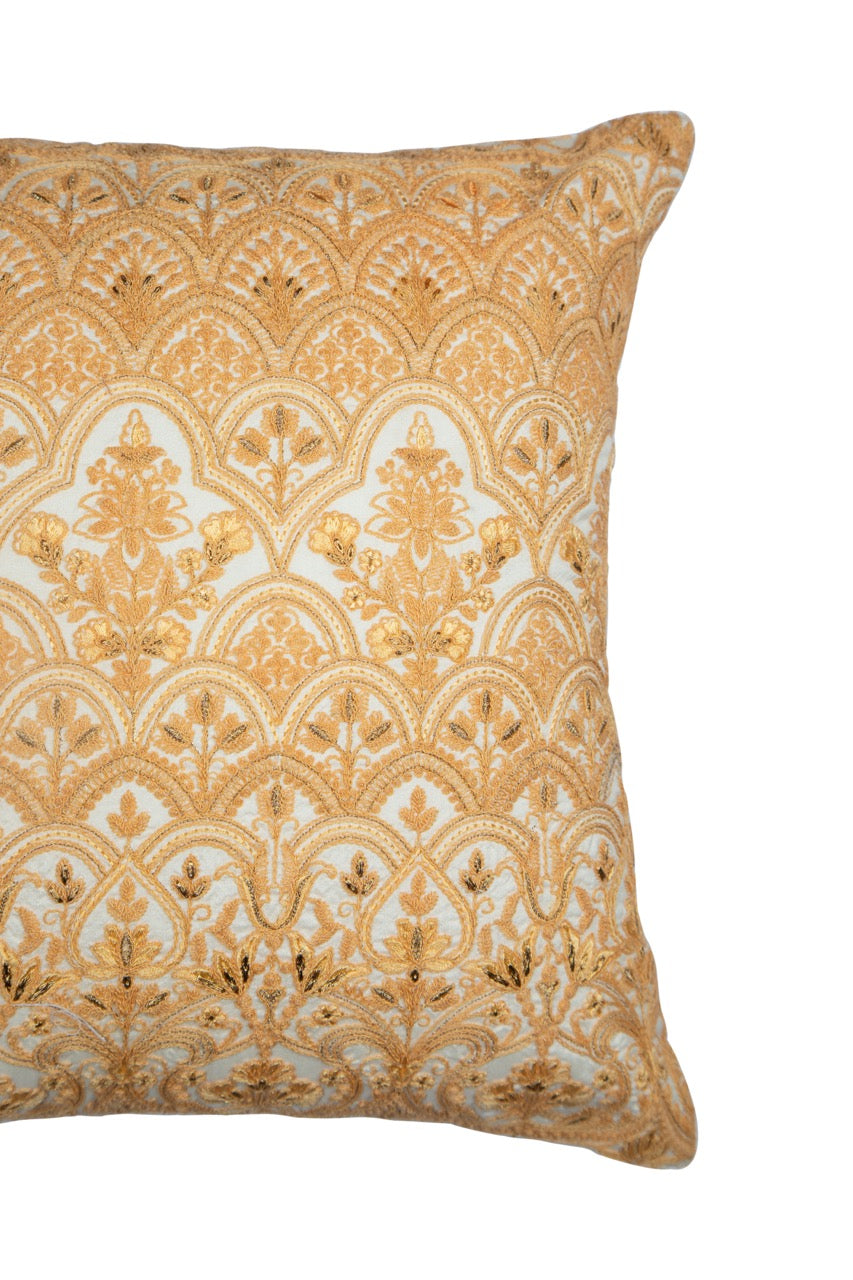 Tehzeeb Gold Blended Silk Mosaic Floral Embroidered Cushion Cover - KHAABKA