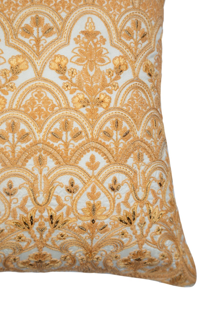 Tehzeeb Gold Blended Silk Mosaic Floral Embroidered Cushion Cover - KHAABKA