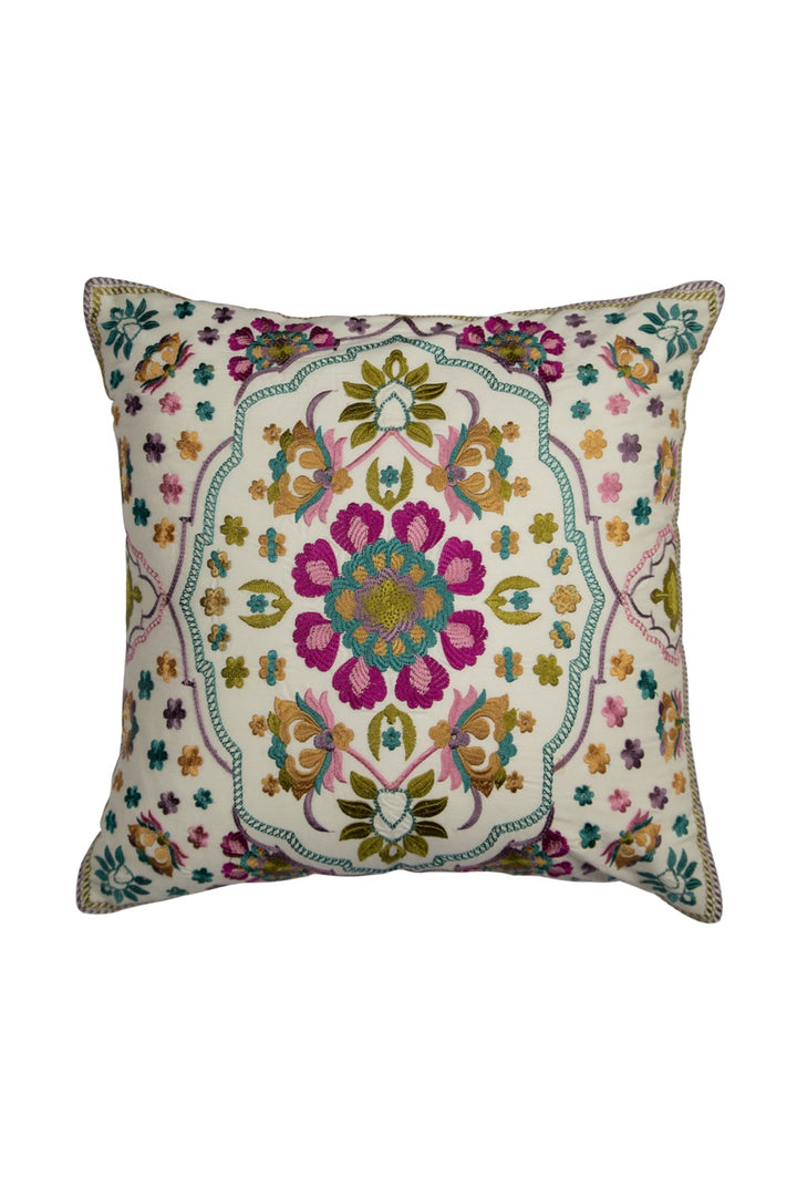 Guldasta Offwhite Floral Cotton Linen Cushion Cover - KHAABKA