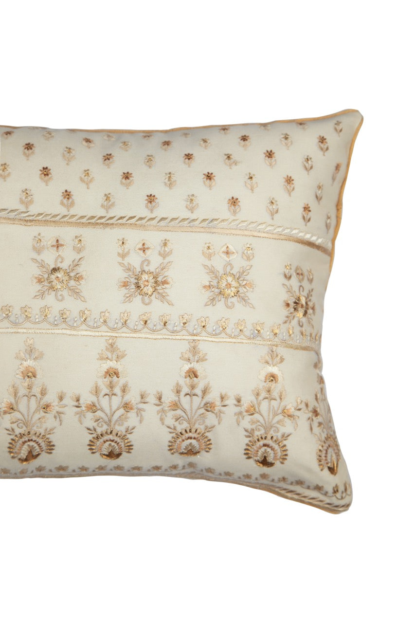 Silkroute Cream Chanderi Silk Abstract Floral Embroidered Cushion Cover - KHAABKA