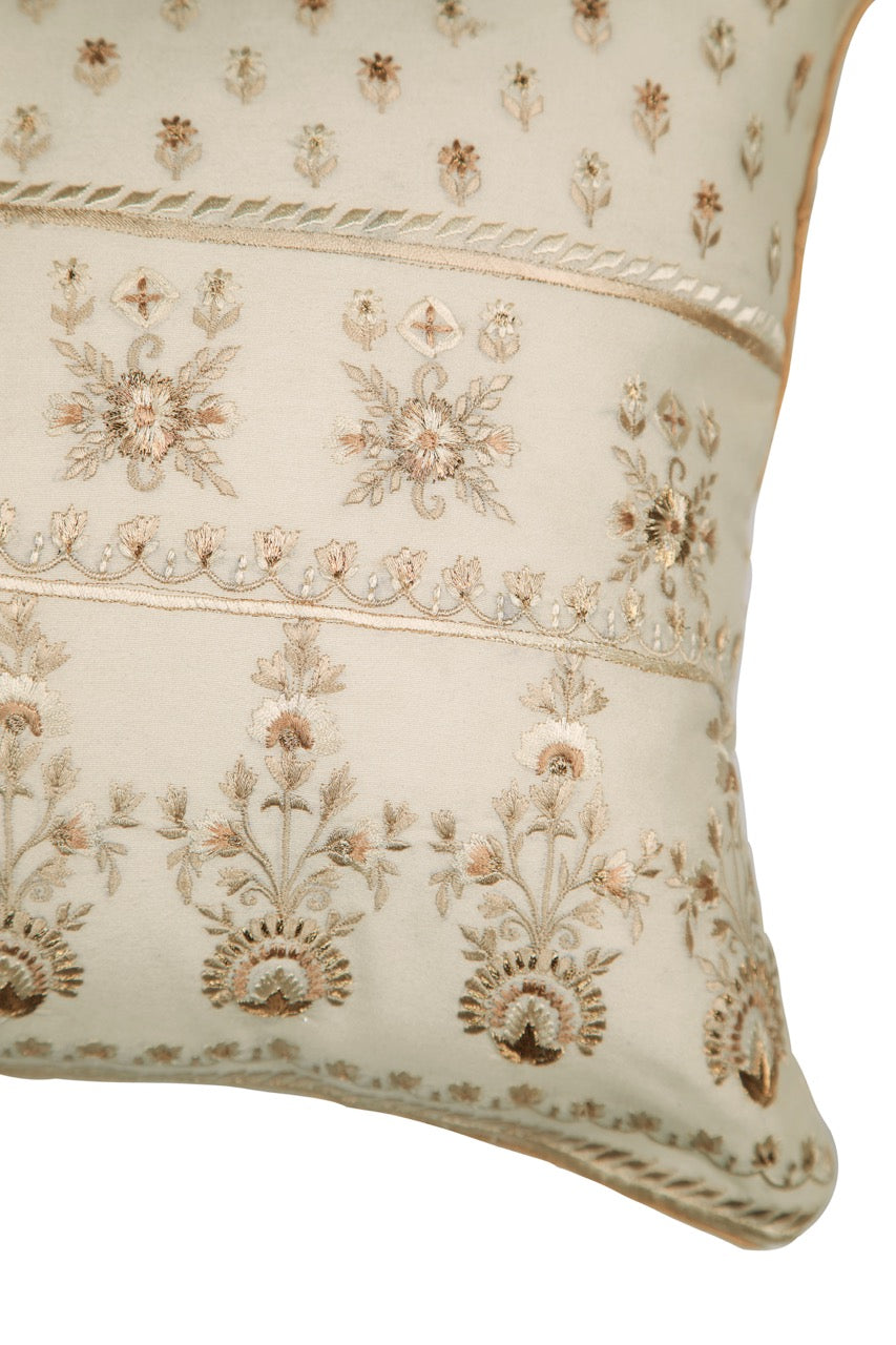 Silkroute Cream Chanderi Silk Abstract Floral Embroidered Cushion Cover - KHAABKA