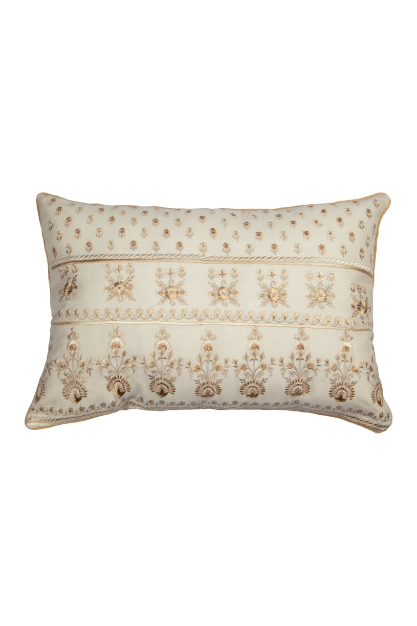 Silkroute Cream Chanderi Silk Abstract Floral Embroidered Cushion Cover - KHAABKA
