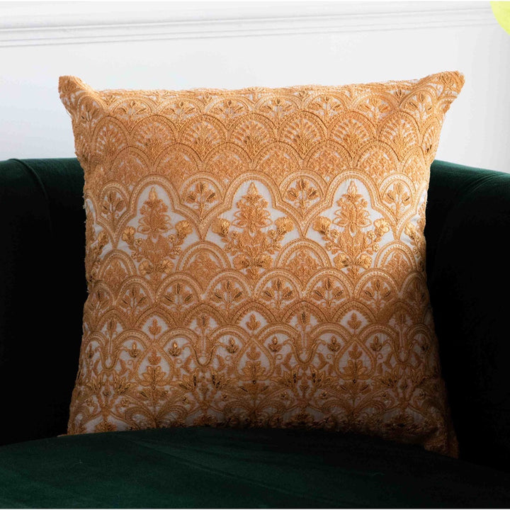 Tehzeeb Gold Blended Silk Mosaic Floral Embroidered Cushion Cover - KHAABKA