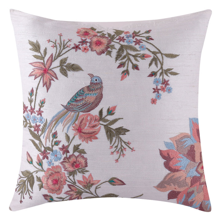 Silkroute Offwhite Flora and Fauna Embroidered Cushion Cover - KHAABKA