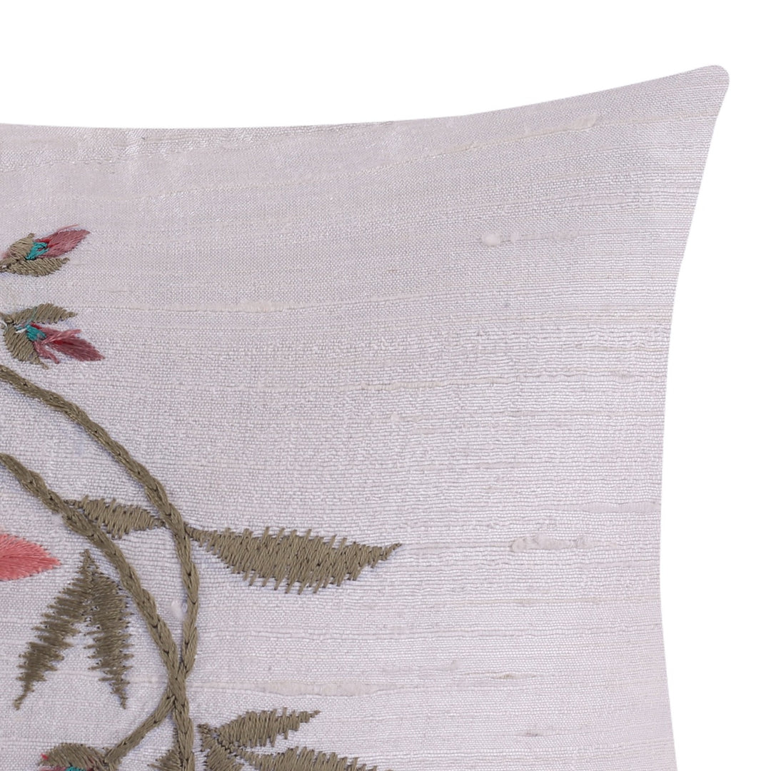 Silkroute Offwhite Flora and Fauna Embroidered Cushion Cover - KHAABKA