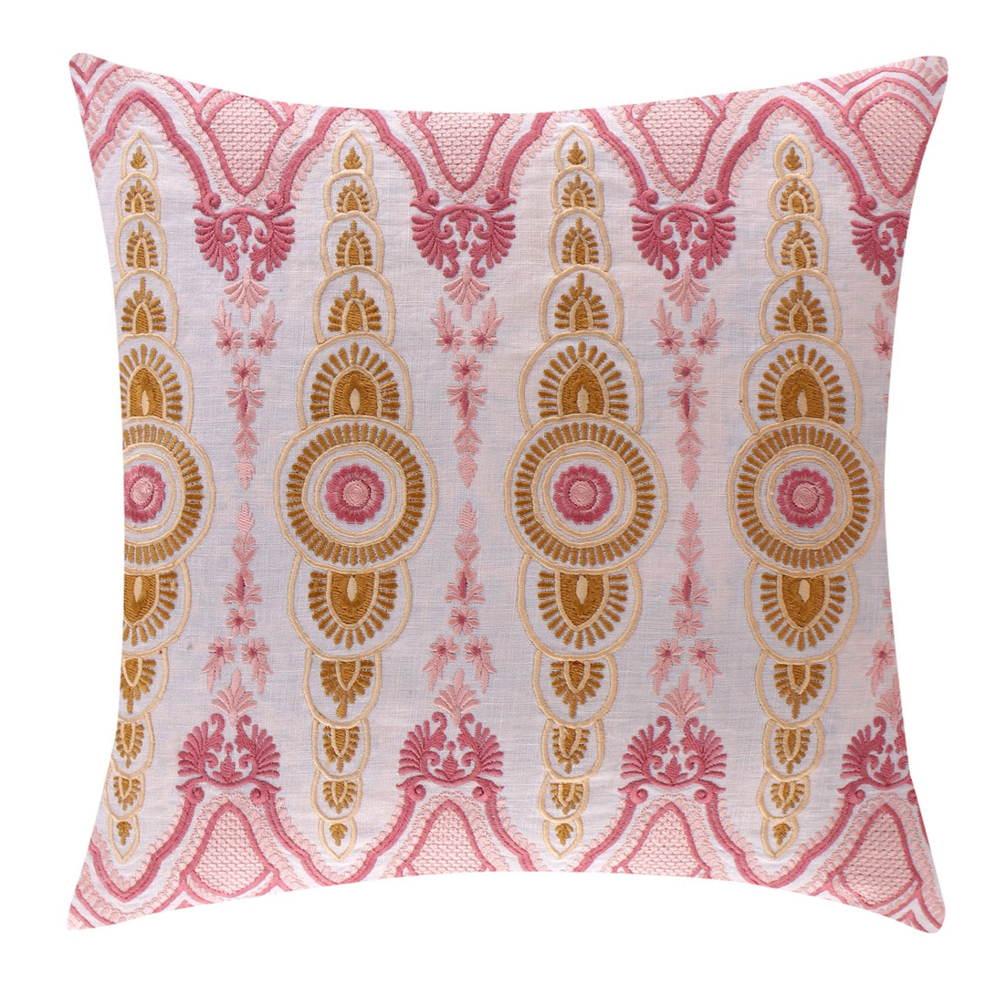 Tehzeeb Baby Pink Embroidered Cotton Linen Cushion Cover - KHAABKA