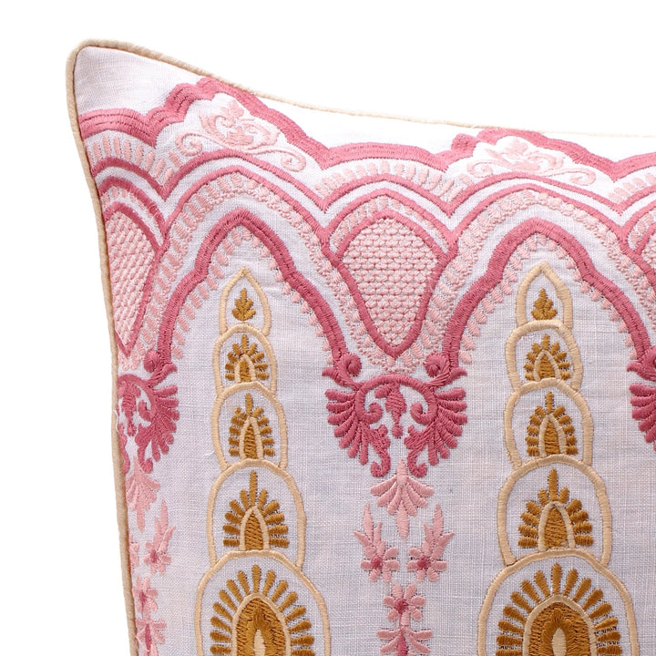 Tehzeeb Baby Pink Embroidered Cotton Linen Cushion Cover - KHAABKA